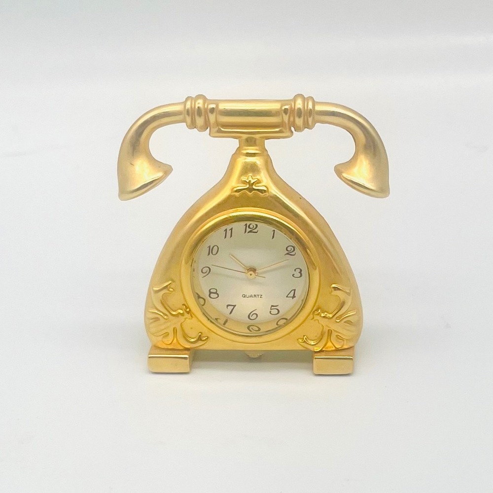 Collezio Telephone Miniature Clock Gold Tone Vintage Style Desk 1.75" Untested